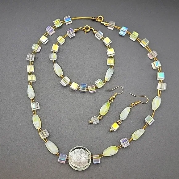 AB Cube & Givre Art Glass Necklace Bracelet and Earring Set Gold Tone Wire